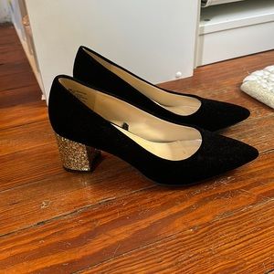 Black velvet and gold sequin heels